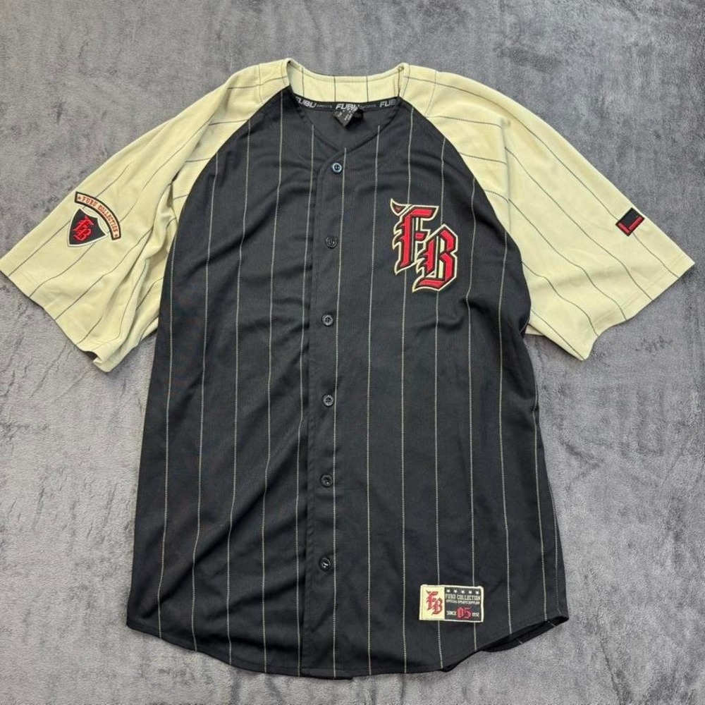 Vintage FUBU Pinstripe Baseball Jersey Mens Large Black Tan Old English